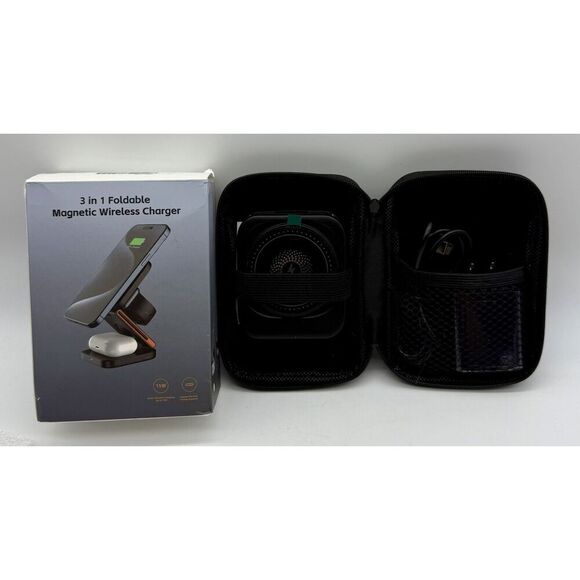 Foldable 3-in-1 Magnetic Wireless Charging Station Black With Carrying Case - Picture 2 of 12